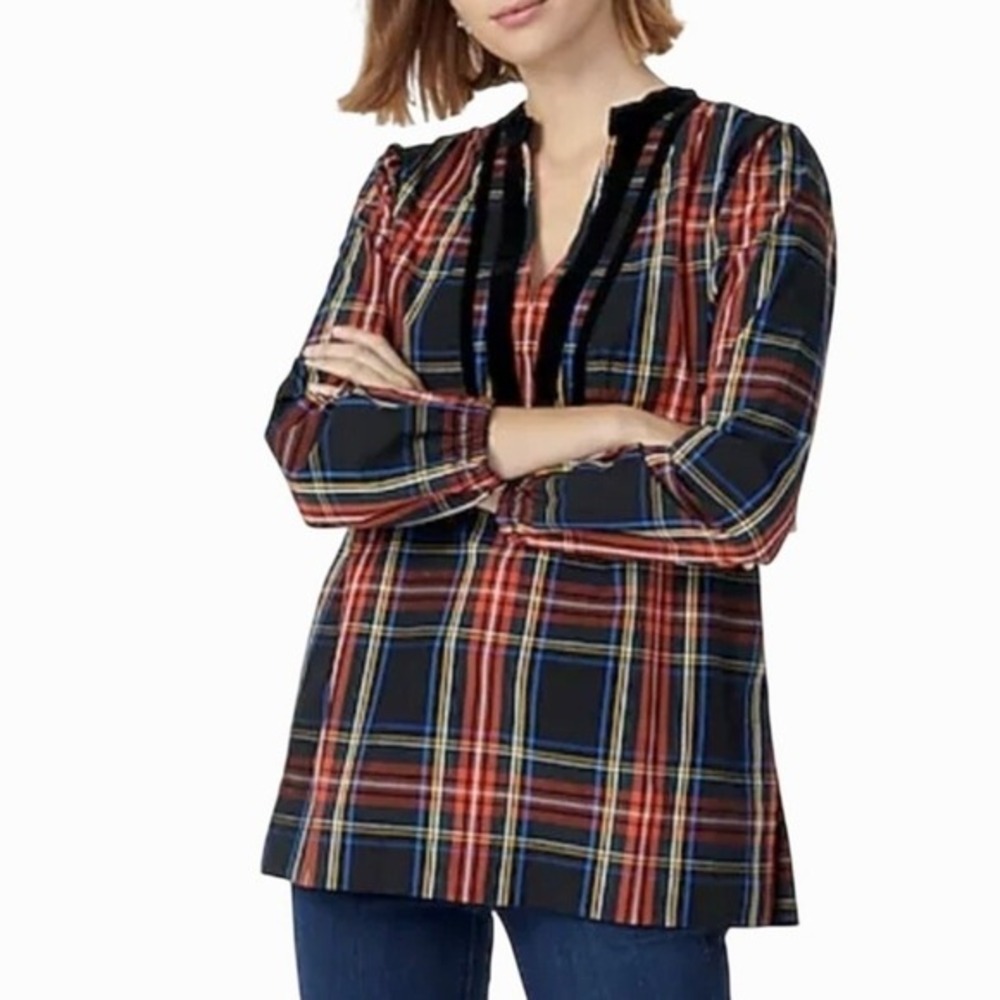 J.Crew‎ Plaid Tunic Top Small Black Red Velvet Trim Long Sleeve Preppy Classic